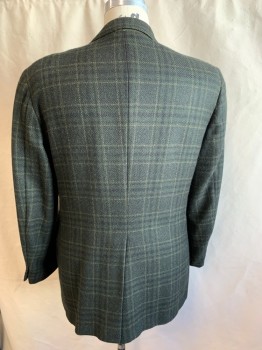 Mens, Sportcoat/Blazer, SOUTHWICK, Dk Green, Black, Brown, Wool, Plaid, 48L, Single Breasted, Collar Attached, Notched Lapel, 3 Buttons,  3 Pockets