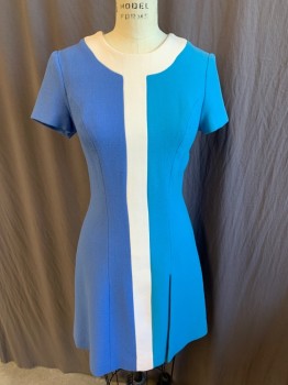 FOX 99, Cream, Slate Blue, Turquoise Blue, Polyester, Color Blocking, Turquoise/slate Blue with 1.5" Round Neck & Front Center, Turquoise Lining, Slit off Center Front, Short Sleeves, Zip Back, Flare Bottom
