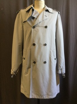 Mens, Coat, Trenchcoat, BANANA REPUBLIC, Lt Gray, Polyester, Solid, 46 R, Double Breasted, 6 Buttons, 2 Pockets, Epaulets, Collar Attached, Belt