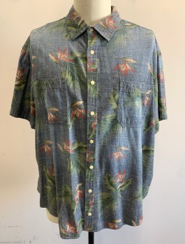 Mens, Hawaiian Shirt, FOUNDRY, Denim Blue, Multi-color, Cotton, Hawaiian Print, Tropical , 3XLT, Denim Look with Shades of Green and Red Flowers/Palm Leaves, Short Sleeve Button Front, Collar Attached, 2 Patch Pockets