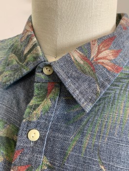 Mens, Hawaiian Shirt, FOUNDRY, Denim Blue, Multi-color, Cotton, Hawaiian Print, Tropical , 3XLT, Denim Look with Shades of Green and Red Flowers/Palm Leaves, Short Sleeve Button Front, Collar Attached, 2 Patch Pockets