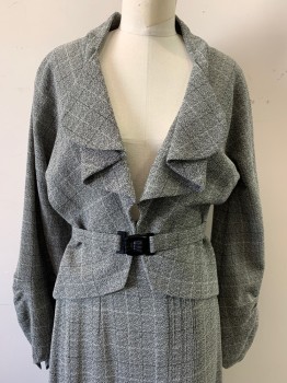 Womens, 1930s Vintage, Suit, Jacket, N/L, Gray, Black, White, Wool, Speckled, Grid , W:26, B:34, Gray and Black Speckled, with Black and White Intersecting Grid Stripes, Bishop Style Sleeves with Tiny Snap Closure at Cuff, Folded Round Collar/Lapel, Open Center Front with No Closures, Hi/Low Hemline (Longer in Back), Pointed Back of Collar at Center Back Neck, Elastic Panel at Center Back Waist, Made To Order 1930's Reproduction **3 Pieces Total: Suit Comes with Matching Self Fabric Belt with Red Circular Buckle