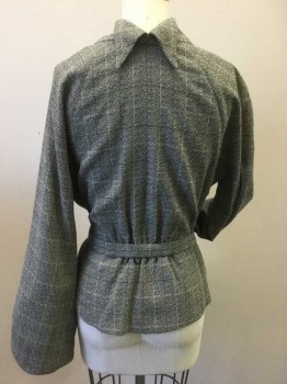 Womens, 1930s Vintage, Suit, Jacket, N/L, Gray, Black, White, Wool, Speckled, Grid , W:26, B:34, Gray and Black Speckled, with Black and White Intersecting Grid Stripes, Bishop Style Sleeves with Tiny Snap Closure at Cuff, Folded Round Collar/Lapel, Open Center Front with No Closures, Hi/Low Hemline (Longer in Back), Pointed Back of Collar at Center Back Neck, Elastic Panel at Center Back Waist, Made To Order 1930's Reproduction **3 Pieces Total: Suit Comes with Matching Self Fabric Belt with Red Circular Buckle