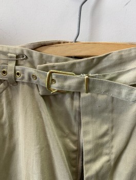 EMPIRE MADE, Khaki Brown, Cotton, Solid, Flat Front , with Belt Attached Gold Buckle  Cuffed Hem