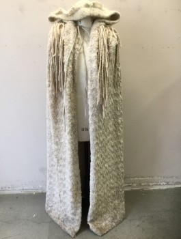 N/L MTO, Ecru, Cream, Wool, Faux Fur, Solid, Matted/Scaley Faux Fur, Felted Scratchy Wool Hood, Open at Center Front with Self Ties at Neck, Felted Wool Tassles at Shoulders/Back, Floor Length, Dirty/Grubby at Hem