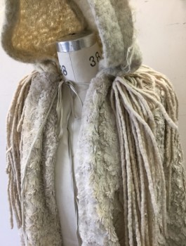 N/L MTO, Ecru, Cream, Wool, Faux Fur, Solid, Matted/Scaley Faux Fur, Felted Scratchy Wool Hood, Open at Center Front with Self Ties at Neck, Felted Wool Tassles at Shoulders/Back, Floor Length, Dirty/Grubby at Hem