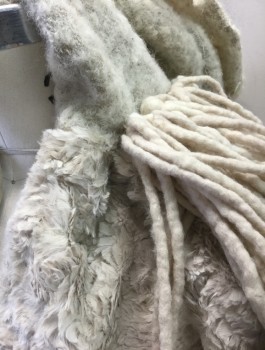 Unisex, Sci-Fi/Fantasy Cape/Cloak, N/L MTO, Ecru, Cream, Wool, Faux Fur, Solid, O/S, Matted/Scaley Faux Fur, Felted Scratchy Wool Hood, Open at Center Front with Self Ties at Neck, Felted Wool Tassles at Shoulders/Back, Floor Length, Dirty/Grubby at Hem