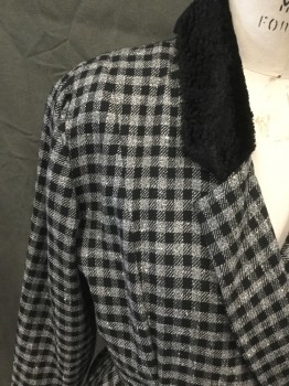 Womens, Coat, STACEY STEVENS, Black, Silver, Polyester, Rayon, Check , W 28, B 36, Double Breasted, Black Faux Fur Collar/Cuff, Pleated Waist Sides, Calf Length, Shoulder Pads