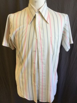 417 VAN HEUSEN, Pink, Gray, Polyester, Diamonds, Stripes - Vertical , Collar Attached, Button Front, 1 Pocket, Short Sleeves, Curved Hem