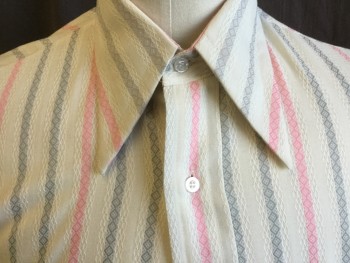 417 VAN HEUSEN, Pink, Gray, Polyester, Diamonds, Stripes - Vertical , Collar Attached, Button Front, 1 Pocket, Short Sleeves, Curved Hem