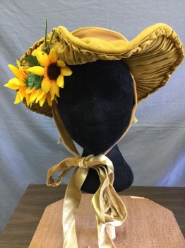 Womens, Historical Fiction Hat, N/L, Lt Brown, Wool, Silk, Solid, 22", Brown Wool Upper, Brown Silk Under, Pleated Detail, Sunflower Applique, Brown Velvet Ribbon Hat Band & Chin Strap (tie)