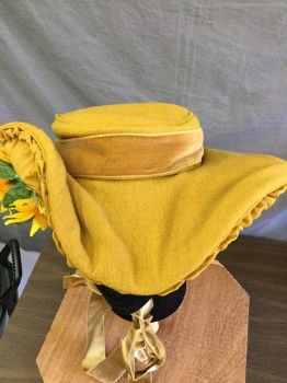Womens, Historical Fiction Hat, N/L, Lt Brown, Wool, Silk, Solid, 22", Brown Wool Upper, Brown Silk Under, Pleated Detail, Sunflower Applique, Brown Velvet Ribbon Hat Band & Chin Strap (tie)
