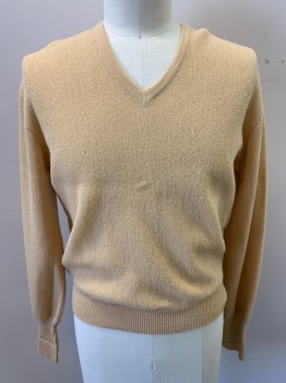 WOOLF BROTHERS, Beige, Acrylic, Solid, V-neck, Long Sleeves, Pullover,