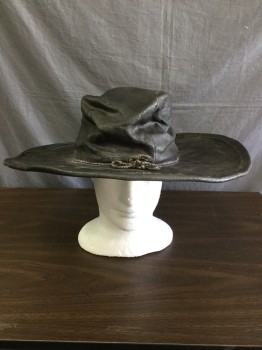 Mens, Historical Fiction Hat , N/L, Faded Black, Cotton, Faded, Solid, 7 1/4, Wide Brimmed Hat, Tarred Cotton Canvas, Gray Twine Hat Band, "JACK TAR", Sailors Hat