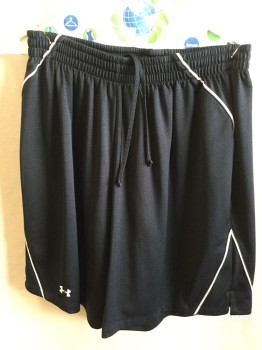 Mens, Shorts, UNDER ARMOUR, Black, White, Polyester, Solid, S, 1.5" Black D-string & Elastic Waistband, Black Perforated with Diagonal  White Piping Trim