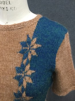 Womens, Sweater, N/L, Brown, Teal Blue, Wool, Color Blocking, B 34, Crew Neck, Pullover, Short Sleeves, Vertical Snowflake Pattern Front, Zip 1/2 Back, 2 Small Hem Slits