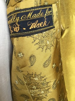 MINOO FASHIONS, Mustard Yellow, Silk, Polyester, Solid, Shimmer Mustard, Mustard with Black/gray/beige Paisley/medallion Print Lining, Notched Lapel, Double Breasted, 8 Self Cover Button Front, 3 Pockets, Long Sleeves, 2 Split Back Hem