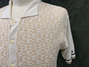 REPLAY KNITWEAR, White, Tan Brown, Polyester, Cotton, Button Front, Geometric Grid Front, White Short Sleeves/Collar/Placket/Back, Ribbed Knit Collar, with Black/White/Tan Stripe Cuff Trim/Waistband,