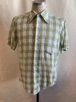 Mens, Shirt, KMART, Avocado Green, White, Polyester, Cotton, Grid , 15.5, M, Grid Pattern with White Squares, Button Front, Collar Attached, Short Sleeves, 1 Pocket