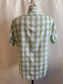 KMART, Avocado Green, White, Polyester, Cotton, Grid , Grid Pattern with White Squares, Button Front, Collar Attached, Short Sleeves, 1 Pocket