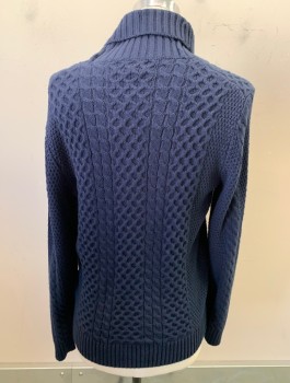 Mens, Cardigan Sweater, J CREW, Navy Blue, Cotton, Cable Knit, M, L/S, Shawl Collar, 5 Light Brown Buttons, 2 Patch Pockets