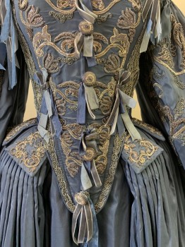 Period Corset, Blue, Silver, Silk, Leaves/Vines , L/S, Scoop Neck, Embroiderred and Beaded Leafs, Fringed Bows, Silver Lace Trim, Bottoms Flaps