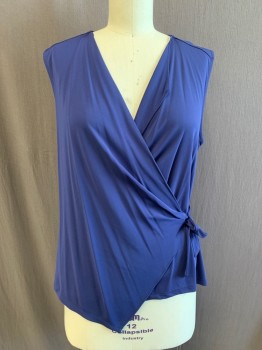 Womens, Top, ANN TAYLOR, Navy Blue, Rayon, Polyester, Solid, L, Draped Cross Over Front Shirt with Self Tie, Sleeveless