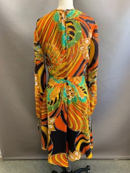 Womens, Dress, NL, Black, Ochre Brown-Yellow, Dk Orange, White, Green, Rayon, Floral, Stripes, W: 27, B: 32, V-neck, Lace Up Front, Long Sleeves, A-Line, Pleated Front Drape, Zip Back