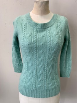 Womens, Pullover, J CREW, Mint Green, Cashmere, Cable Knit, XXS, 3/4 Sleeves, Bateau Neck
