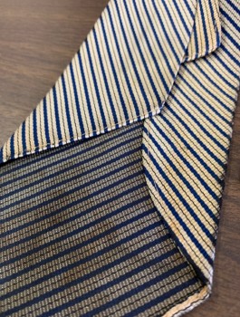 Mens, Tie, N/L, Navy Blue, Lt Gray, Silk, Stripes - Diagonal , Stripes - Pin, No Lining, 3.5" Wide at Base, Four in Hand, Stained at Base, Wear Along Edges