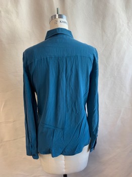 Womens, Blouse, EQUIPMENT, Teal Blue, Silk, Solid, S, Collar Attached, Button Front, Long Sleeves, 2 Pockets, Box Pleat Back