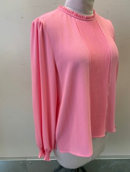 Womens, Blouse, CECE, Pink, Polyester, Elastane, Solid, L, Textured Crepe, L/S, Round Neck with Self Ruffle, Vertical Pintucks at CF, Puffy Sleeves, Smocking at Cuffs, 1 Button at Back Neck, Multiples