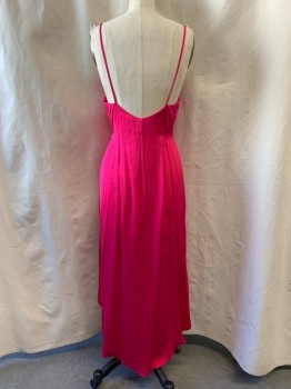 CULT GAIA, Fuchsia Pink, Viscose, Rayon, Solid, Square Neckline, Spaghetti Straps, Self Belt, Tie Front, Ruched Down Center, High Low Hem, Zip Side