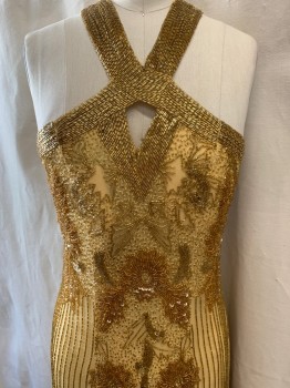 Womens, Evening Gown, NO LABEL, Gold, Silk, W:28, B:34, Halter Neckline with Hook & Eye Closure at Back,Triangle Cut Out at Center Chest, 4 Beaded Straps Over Back, Floral Beaded Pattern, Beaded Vertical Stripes, Completely Beaded Straps,  Zip Back, Floor Length