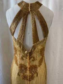 Womens, Evening Gown, NO LABEL, Gold, Silk, W:28, B:34, Halter Neckline with Hook & Eye Closure at Back,Triangle Cut Out at Center Chest, 4 Beaded Straps Over Back, Floral Beaded Pattern, Beaded Vertical Stripes, Completely Beaded Straps,  Zip Back, Floor Length