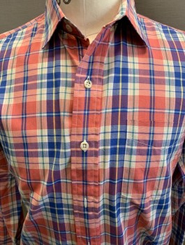 Mens, Shirt, CHAPS, Blue, Coral Pink, White, Green, Cotton, Polyester, Grid , Stripes, M, L/S, Collar, Button Down 1 Pocket,