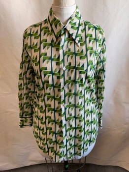 DAVID HAMSON, Beige, Forest Green, Green, White, Nylon, Geometric, C.A., Button Front, L/S, 1 Breast Pocket, Sheer