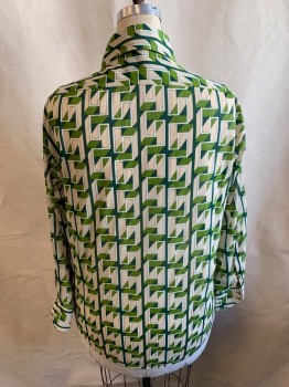 Womens, Blouse, DAVID HAMSON, Beige, Forest Green, Green, White, Nylon, Geometric, L, C.A., Button Front, L/S, 1 Breast Pocket, Sheer