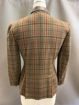 JH COLLECTIBLES, Lt Brown, Brown, Olive Green, Maroon Red, Blue, Wool, Plaid, Brown Pleather Collar, Notched Lapel, Single Breasted, 3 Pockets