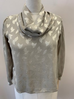 BLUE RUBY, Mushroom-Gray, Cream, Polyester, Leaves/Vines , Crepe, Cowl, Pullover, L/S, Thin Shoulder Pads