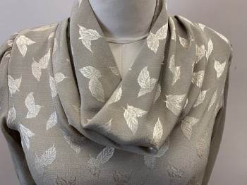 BLUE RUBY, Mushroom-Gray, Cream, Polyester, Leaves/Vines , Crepe, Cowl, Pullover, L/S, Thin Shoulder Pads