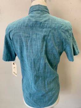 PD&C, Sea Foam Green, Cotton, Heathered, Slubbed Cotton, Short Sleeves, Button Front, Collar Attached, 2 Pockets,