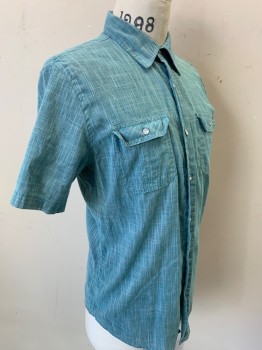 PD&C, Sea Foam Green, Cotton, Heathered, Slubbed Cotton, Short Sleeves, Button Front, Collar Attached, 2 Pockets,