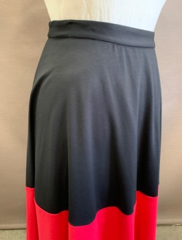 Womens, Skirt, Knee Length, ELOQUII, Black, Red, Rayon, Nylon, Color Blocking, Solid, Sz.18, Jersey, Contrasting Red Panel at Hem, A-Line, 1.5" Wide Self Waistband, Invisible Zipper in Back