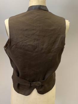Mens, Historical Fiction Vest, NL, Black, Brown, Silk, Linen, Solid, W 33, C 38, Shawl Collar, 5 Button Front, 3 Pockets, Distressed, Satin Front with Padding, Linen Back, Back Self Belt