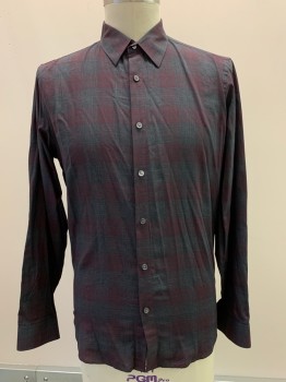 Mens, Casual Shirt, THEORY, Charcoal Gray, Red Burgundy, Cotton, Check , XL, L/S, Button Front, Collar Attached