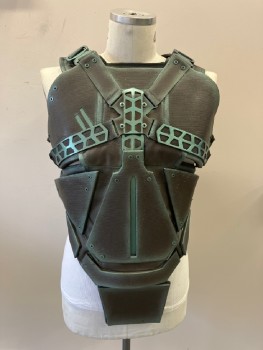 Mens, Sci-Fi/Fantasy Piece 1, MTO, Brown, Iridescent Green, Polyester, Plastic, Geometric, 42, CHESTPLATE: Cordura Covered Panels Attached To Neoprene. Decorative Plastic Band Across Chest, 3 Nylon Straps with Plastic Buckles At Sides, Large Buckles At Shoulders, DETACHABLE Velcro Pads At Shoulder Straps For Comfort. Comes With SWORD Non Coded
