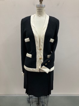 ADOLFO, Black, Cream, Wool, Silk, Solid, Color Blocking, Boucle SB. V-N, 2 Gold B.F. with Loops., 4 Pckts, Plaid Jacquard Trimmed Edges/Pockets/Notched Sleeve Cuffs, 3 Gold Buttons On Sleeves, Shoulder Pads