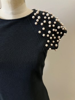 LISARO & CO, Black, Polyester, Solid, CN, S/S, Pearl Beads On Sleeves, Round Back Cut Out, Shoulder Pads