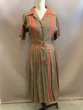 N/L, Olive Green, Red, Cotton, Plaid, Slubbed Texture Fabric, Short Dolman Sleeves with Cuffs, Shirtwaist with Gold Buttons at Front, Collar Attached, Pleated Skirt, Knee Length,